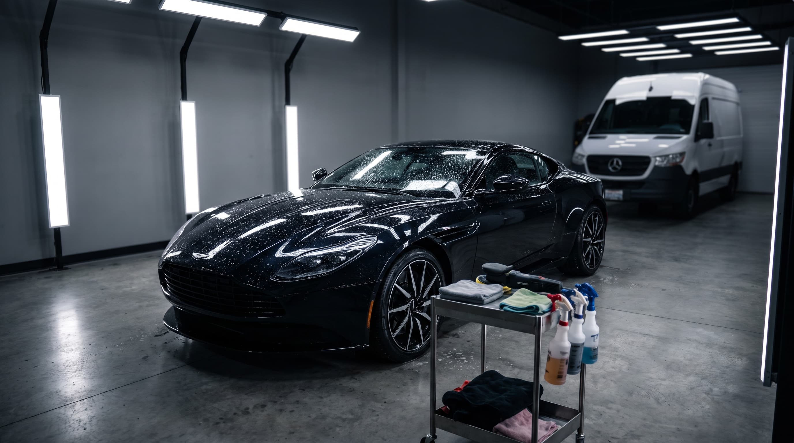 Luxury car being detailed in a studio